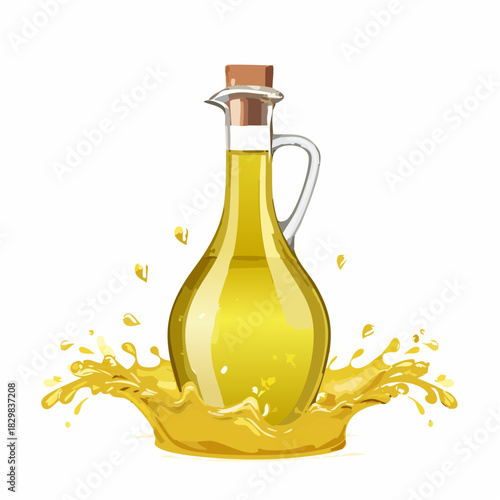 Clear Glass Bottle Filled With Golden Liquid Oil Splashing Outwards On A White Background