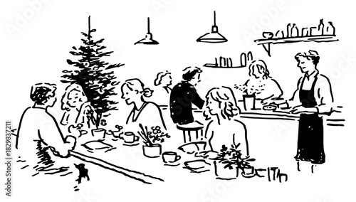 Hand-drawn vector sketch of a busy restaurant or cafe interior with people eating and a waiter serving food near a christmas tree during the holidays