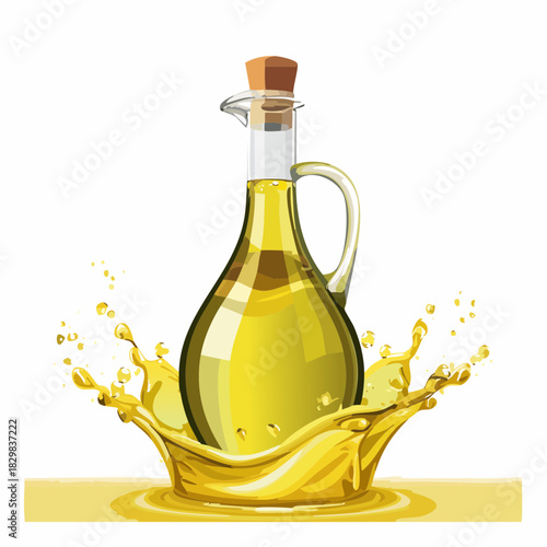Glass bottle of golden olive oil with a splashing crown and droplets against a white background symbolizing freshness and purity