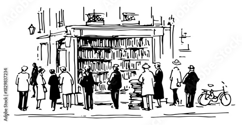 Hand-drawn vector sketch of a charming city street with people browsing at a bookstore shop window and a bicycle parked on the sidewalk