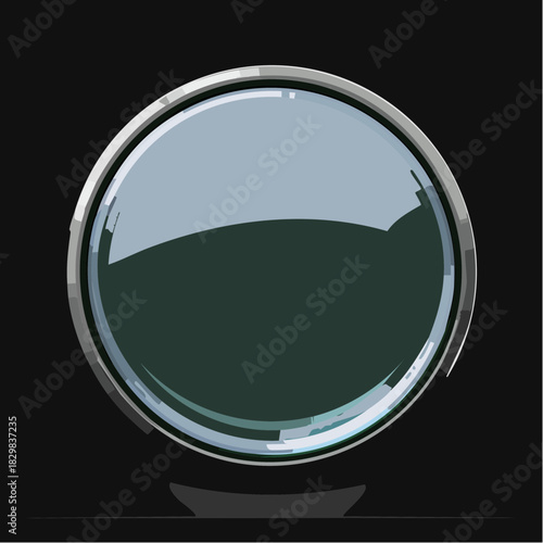 Close up of a reflective glass sphere with a metallic rim against a dark background casting a subtle shadow below highlighting its smooth surface and abstract illumination