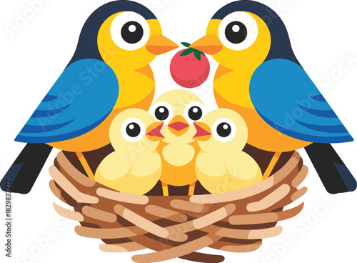 Vibrant vector illustration of a sweet bird family showing two adult blue and yellow parents collaboratively feeding their three adorable hungry yellow baby chicks nestled safely inside a sturdy brown