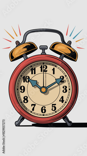 Traditional retro twin-bell alarm clock illustration ringing loudly, signifying morning wakeup, urgent deadlines, crucial punctuality, important schedule reminder, time management concept, presented a