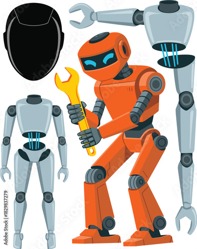 Bright orange robot technician holding a huge yellow wrench, actively performing maintenance, servicing, and assembly on disassembled humanoid cyborg parts, representing future automation, engineering