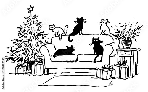 Christmas living room with cats on sofa by decorated tree – playful black line art vector illustration