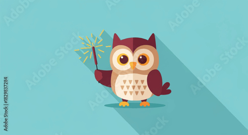 Cartoon Owl Holding a Branch Against a Bright Teal Background in Illustration.