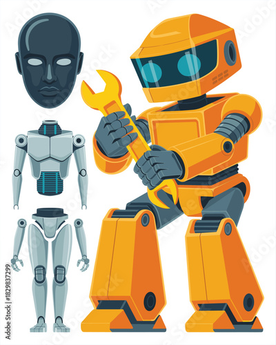 Highly detailed cartoon vector illustration of a dedicated orange mechanic robot holding a giant yellow wrench, actively working on advanced future android technology and disassembled grey components,