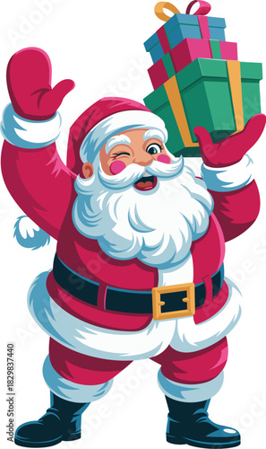 Jolly Santa Claus cheerful cartoon vector character illustration winking happily holding a towering stack of colorful Christmas gifts and beautifully wrapped presents for seasonal marketing advertisin