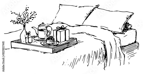 Hand drawn sketch of a cozy breakfast in bed tray with tea and a gift box on messy sheets vector illustration of morning surprise or celebration