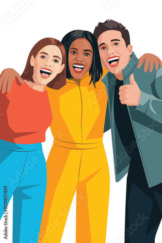 Diverse multi-ethnic group of three young cheerful friends embracing and laughing together on an isolated white background, celebrating teamwork, success, and achievement; concept of positive collabor