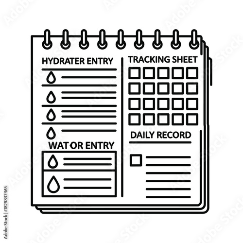 Water hydration tracking sheet and daily record notebook icon for health and wellness reminder