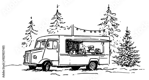 Hand drawn sketch of a food truck parked in a snowy forest with christmas trees vector illustration of a winter market or holiday catering