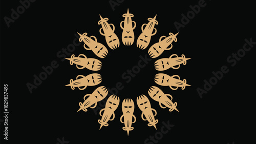 Intricate tribal mask circle, stunning pattern design, perfect for backgrounds, invitations, and creative projects, elegant and unique with gold tone