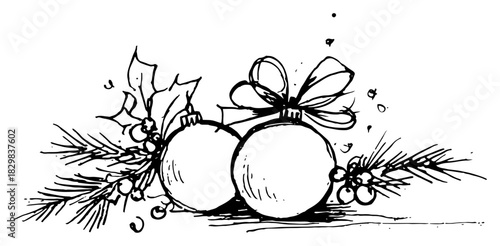 Christmas baubles with pine twig and holly berries elegant black line art vector illustration