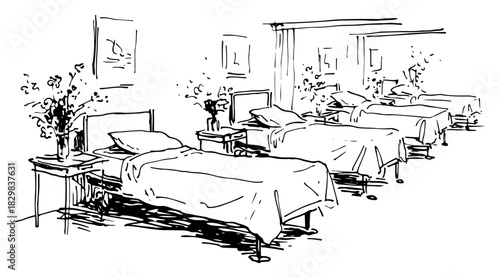 Hospital ward with patient beds and bedside tables sketch vector illustration