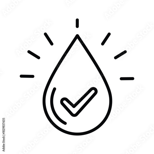 Verified pure water drop icon with checkmark, symbolizing quality, clean, and eco-friendly liquid.