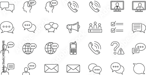 Outline vector icons for communication, contact, global network, support, and messaging on white.