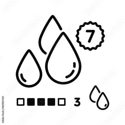 Water drops and quantity indicator line icon with numbers seven and three, depicting measurement or level concept.