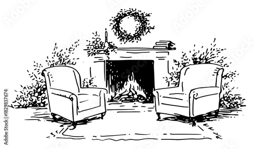 Cozy living room with fireplace armchairs and Christmas wreath hand drawn vector illustration