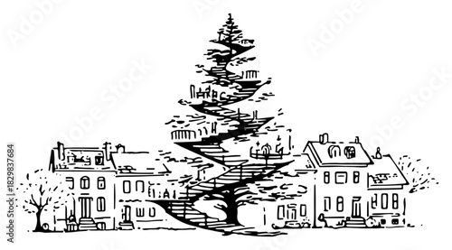 Hand drawn vector sketch of a surreal spiral staircase rising above city houses like a tree