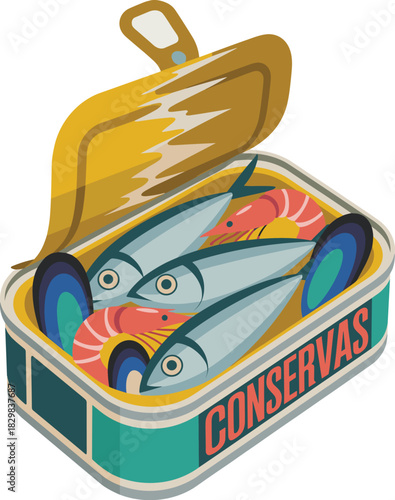 An open tin of colorful conservas featuring fresh seafood, sardines, shrimp, and mussels, presented in a vibrant flat design vector illustration with a striking retro poster style, ideal graphic asset