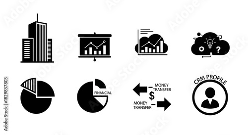 Abstract black vector icons representing business growth, financial operations, data analysis, customer relationship management, and innovative corporate strategies for digital design