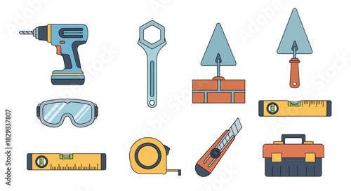 Diverse collection of essential construction and DIY tools for home improvement projects. Perfect for building, repair, and maintenance tasks, featuring manual and powered equipment