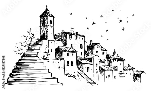 Hand-drawn vector sketch of an old hillside village with long stairs leading up to a church tower under a starry night sky