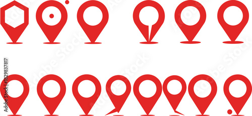 Set of various red map pin icons for location, navigation, and GPS tracking.