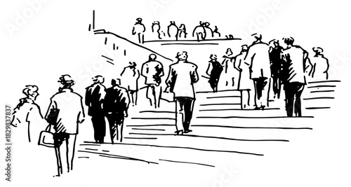 Crowd of commuters ascending city stairs hand drawn black line art vector illustration