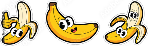 A playful and cheerful vibrant yellow cartoon banana mascot character collection and sticker set performing funny actions, including giving a thumbs up sign and smiling widely; a cute, sweet vector il