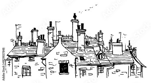 Vintage city rooftops with tall chimneys detailed black line art vector illustration