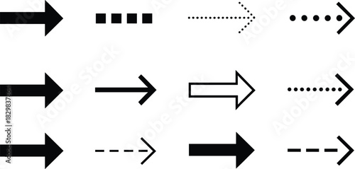 Set of various arrow icons in solid black, outline, dotted, and dashed styles for direction.Set of various arrow icons in solid black, outline, dotted, and dashed styles for direction.