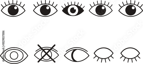 Set of vector icons representing eye, vision, view, visible, and invisible states on white.
