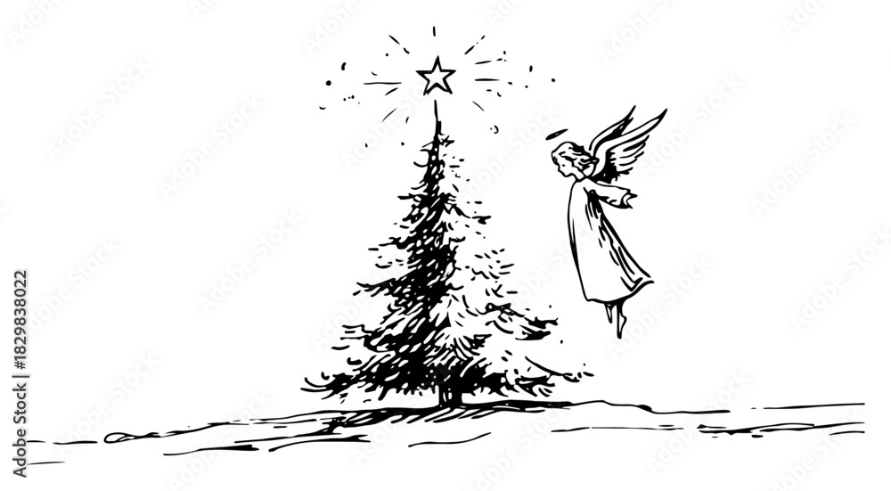 Obraz premium Hand drawn sketch of a christmas tree with a shining star and a flying angel vector illustration of religious holiday symbol