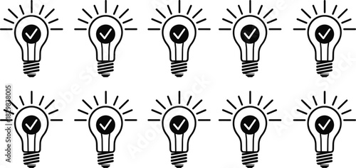 Solid black icons of lightbulbs featuring a checkmark, symbolizing approved ideas and solutions.