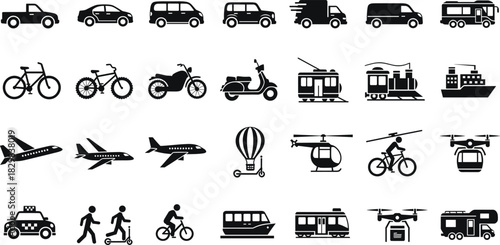 Solid silhouette icons of various modes of transportation, travel, and delivery vehicles on white.