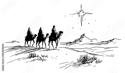 Hand drawn sketch of three wise men riding camels following the guiding star vector illustration of biblical nativity scene
