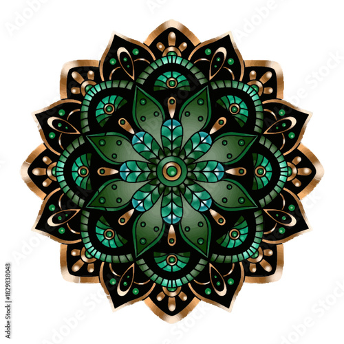A sophisticated ornamental mandala design featuring intricate emerald green and luxurious metallic gold patterns, symmetrical and spiritual. isolated on transparent background, Vector, illustration
