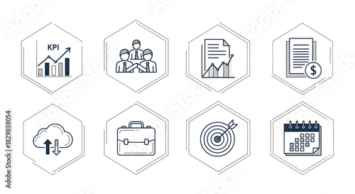 Modern thin line icon set representing business strategy, corporate management, financial analysis, and technology concepts