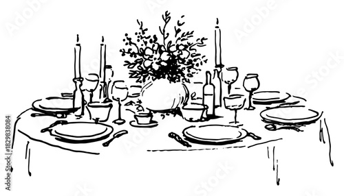 Hand-drawn vector sketch of an elegant dining table set with plates glasses candles and a floral centerpiece for a romantic dinner or celebration