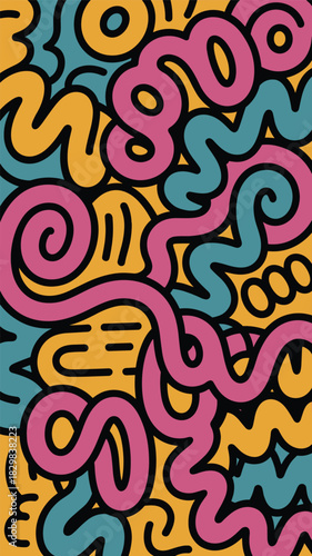 Maximalist seamless retro doodle pattern background featuring bold black outlines, dynamic flowing abstract shapes and stylized elements creating an energetic texture in bright pop art colors of magen