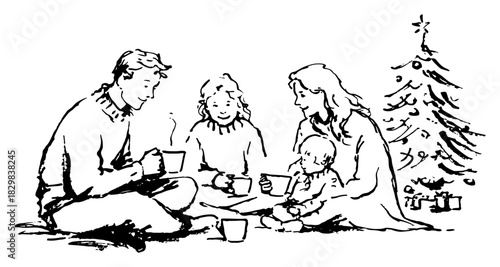 Hand drawn vector sketch of a happy family drinking hot chocolate together near the christmas tree