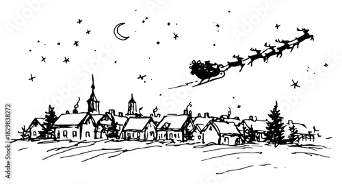 Hand drawn vector sketch of a night christmas village landscape with santa flying in his sleigh over the moon