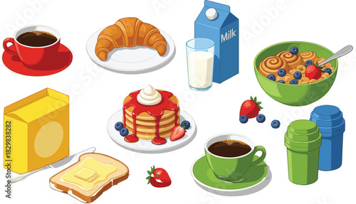 Delicious American and Continental Breakfast Set Vector Illustration Featuring Pancakes, Croissant, Coffee, Milk, Cereal, and Buttered Toast Collection.