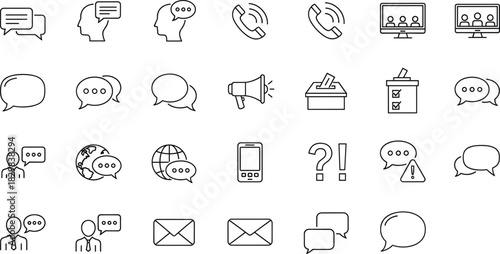 Vector outline icons for communication, messaging, phone calls, social interaction, and voting.
