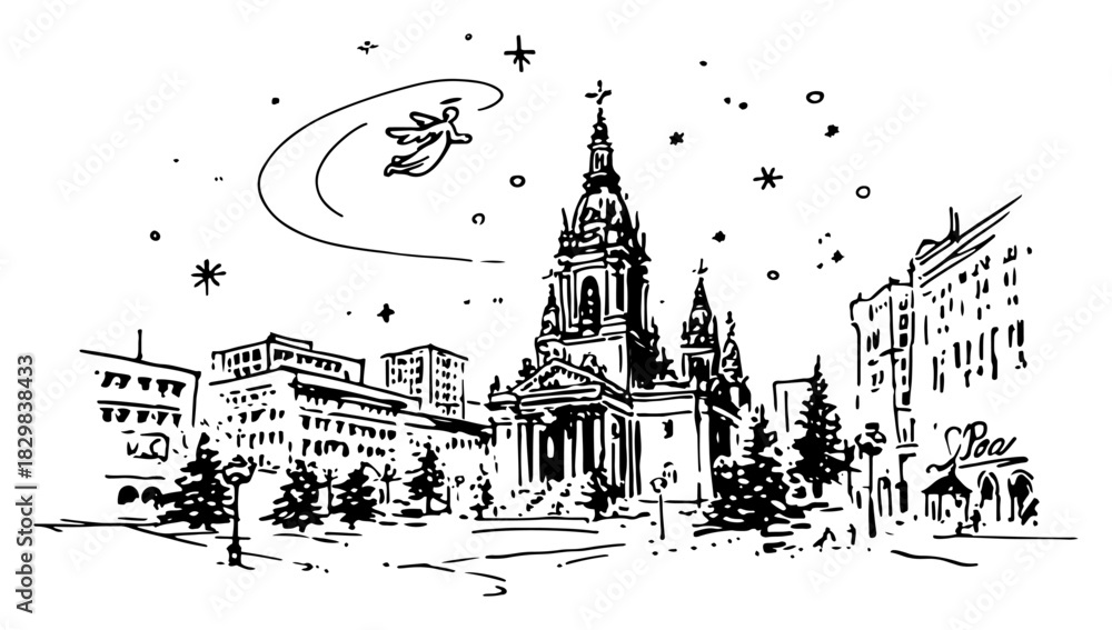 Fototapeta premium Hand Drawn Christmas Cityscape with European Cathedral and Angel — Black-and-White Vector Illustration