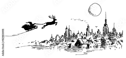 Hand-drawn Santa sleigh and reindeer flying over city skyline under full moon – vintage Christmas vector illustration