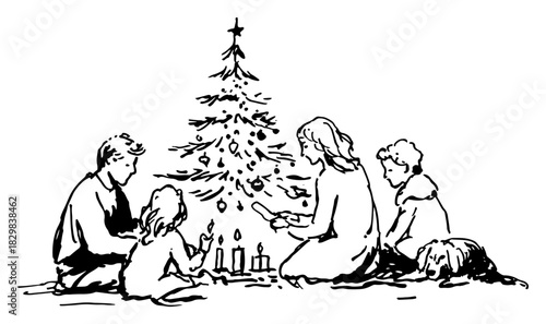 Vintage Christmas Family Lighting Advent Candles Around Tree - Hand-Drawn Line Art Vector Illustration