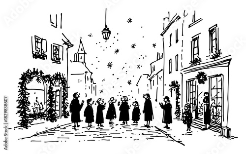Hand Drawn Carol Singers on Snowy Old Town Street at Night — Black and White Vector Illustration